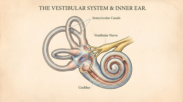Medical illustration depicting the vestibular system and inner ear anatomy