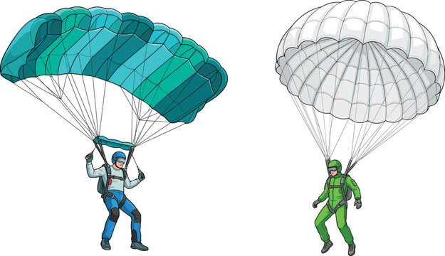 Military paratrooper and civilian skydiver vector illustration set featuring round and square parachute canopy layouts