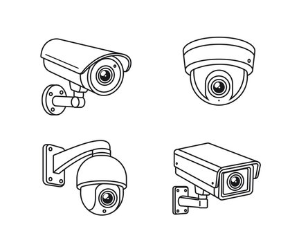 Security camera icon collection in a clean outline vector style featuring four CCTV surveillance cameras with dome, wall-mounted and outdoor monitoring designs