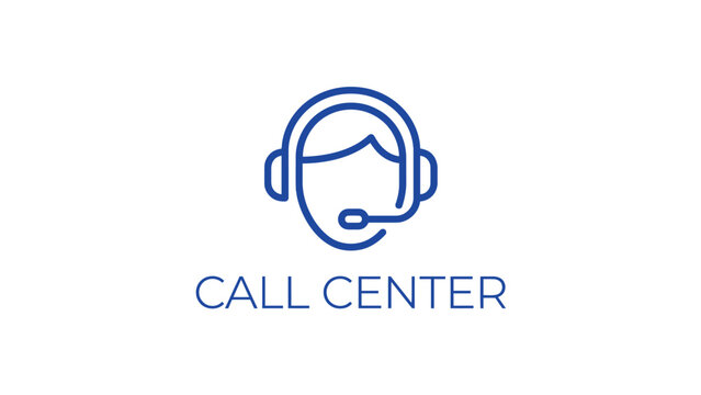 Minimalist blue vector illustration showing a headset wearing customer service representative icon for business branding