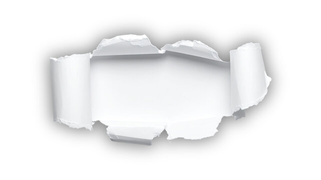Torn white paper hole with curled edges revealing empty center space background abstract stationary