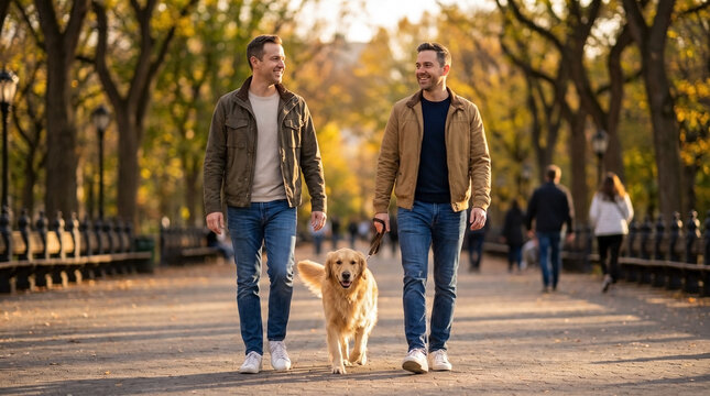 Two Men Walking Golden Retriever Dog Outdoors in Park Together for Pets Blogs, Relationships Websites, Lifestyle Articles, Active Living, and Social Media Content