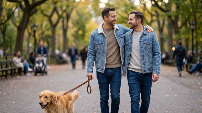 Gay Couple Walking Golden Retriever Dog in Park Together for Pets Blogs, Relationships Websites, Lifestyle Articles, Active Living, and Social Media Content