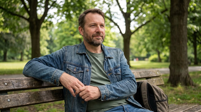 Mature Man Sitting on Park Bench Relaxing Outdoors for Mental Health Blogs, Wellness Websites, Lifestyle Articles, Nature Awareness, and Social Media Content