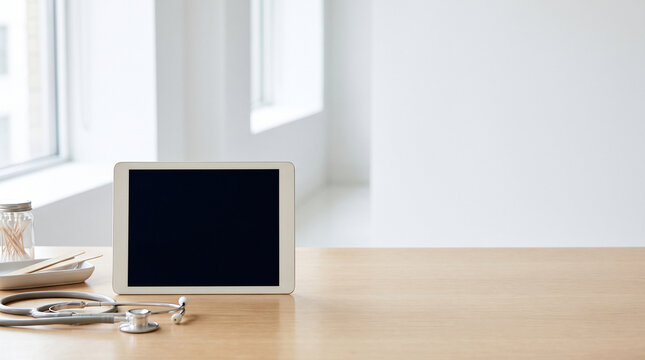 Digital tablet with blank black screen sits beside a professional stethoscope and medical supplies on a clean wooden desk