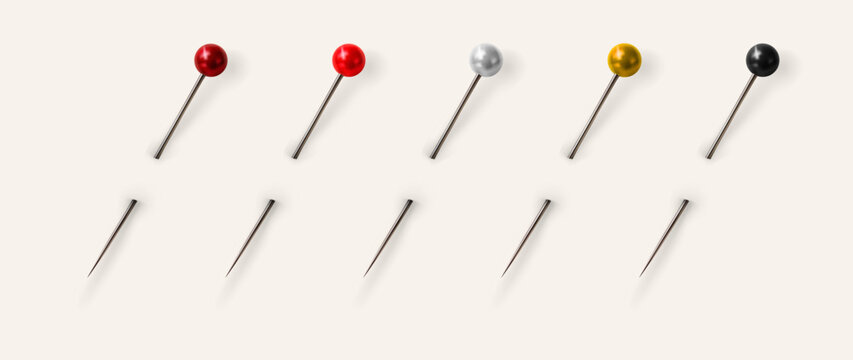 Realistic Glossy Sewing Pins Collection Featuring Sharp Metallic Shafts For Decorative Scrapbooking