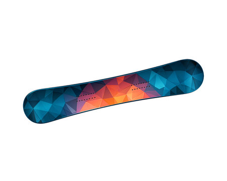 Vibrant blue, orange, and purple triangular pattern on a sleek snowboard