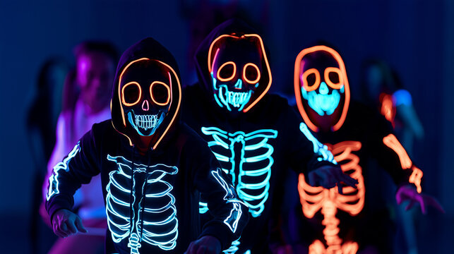 Front-facing portrait of three people wearing black hooded Halloween costumes printed with glowing neon skeleton bones, fluorescent skull masks outlined in electric orange, cyan an