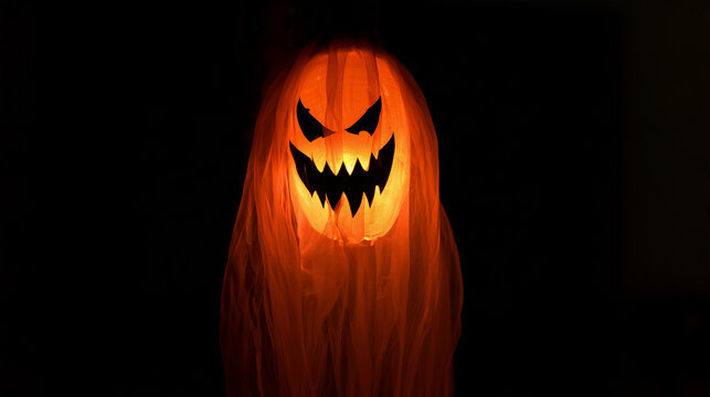a glowing orange ghost decoration with a sinister jack-o-lantern face, sharp triangular eyes and jagged black teeth illuminated from inside while long flowing