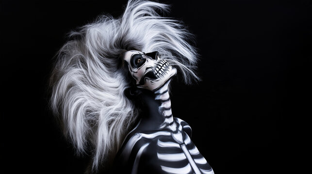 Close-up portrait of a woman wearing elaborate black-and-white skeleton face and neck makeup, head tilted backward with a sinister grin while wild voluminous white-gray hair spread