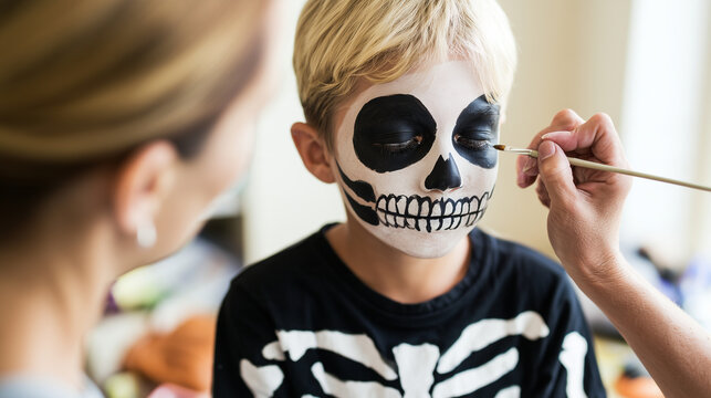 Close-up of a blond boy having theatrical skull makeup carefully applied by an adult woman with a thin cosmetic brush, black circles surrounding his eyes and painted skeletal teeth