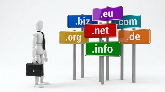 White Business Figure with Briefcase Looking at Colorful Domain Extension Road Signs Including com net org