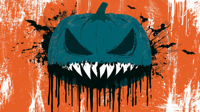 a terrifying dark turquoise pumpkin with exaggerated triangular eyes and razor-like white teeth, black paint dripping from the carved face while splattered