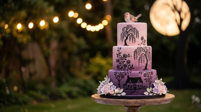 Three tier purple wedding cake with painted willow tree silhouettes, cottage design and delicate fondant flowers for elegant celebrations