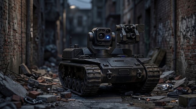 Tactical Military Tracked Robot Navigating Destroyed Urban Alley Unmanned Ground Vehicle Future Warfare Concept
