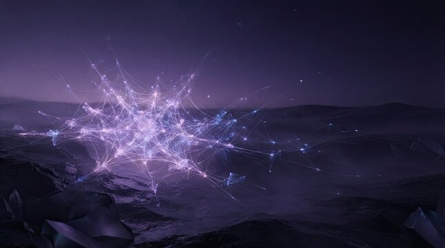 Abstract digital neural network structure glowing over a dark alien landscape