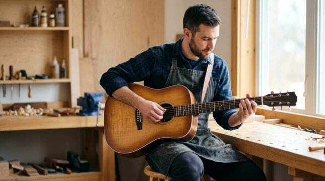 Man playing acoustic guitar in a woodworking shop with natural light