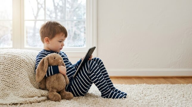 Young boy in striped pajamas holding a plush rabbit and using a tablet while sitting on a rug indoors