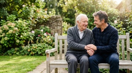 Fototapeta premium Adult son holds hand of elderly father on park bench, sharing a tender moment of care and connection in a sunlit garden