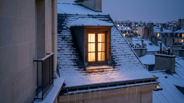 Warm glowing dormer window on snow-covered Parisian rooftops at dusk, evoking cozy winter home comfort and urban serenity.