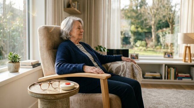 Senior woman sitting in armchair with emergency call button and glasses nearby, safe and cozy accessible home interior