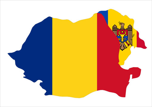 Flag map outline shape of Romania and Moldova. Flags of countries fill the shapes with their colors. Symbol of regional cooperation, identity and partnership