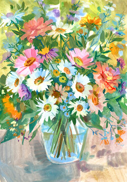 Hand-painted watercolor bouquet of colorful wildflowers in a glass vase, creating a cheerful floral composition with soft space for a greeting, ideal for a birthday or celebration card.