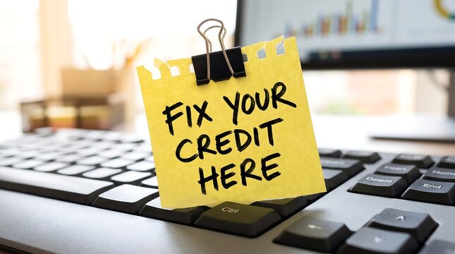 Fix your credit here message on yellow sticky note, financial recovery and credit score improvement concept, office desk background