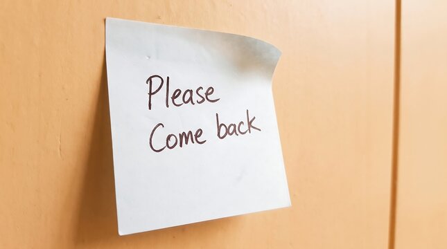 Please Come Back handwritten note on sticky paper, white adhesive reminder on wooden door, emotional message for customer retention