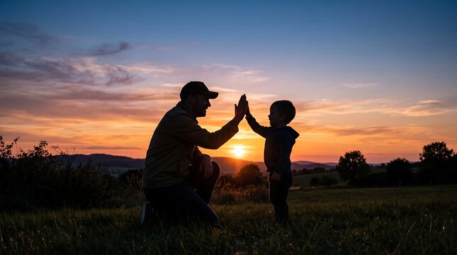 Silhouette of father and son high five at sunset, family bonding in rural field, golden hour parenting concept