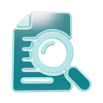 3D teal document icon with magnifying glass for financial review and data analysis tasks isolated on a transparent background