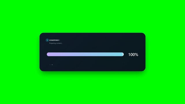 A premium modern animated loading-bar UI component featuring a sleek gradient progress bar inside a clean UI card with a solid chroma green background for compositing.