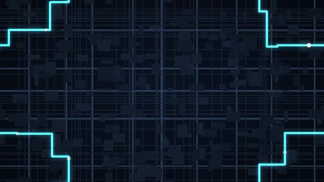 Geometric Grid Background with Neon Cyan Corner Accents and Dark Textured Panels