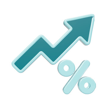 3D teal upward trending arrow symbol combined with a percentage sign icon for financial growth and interest rate concepts isolated on a transparent background