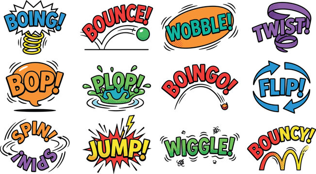 Sound effect words like boing bounce wobble twist bop plop boingo flip spin jump wiggle bouncy for comic book art and design.