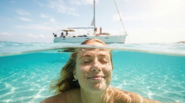 Sailing boat summer vacation concept featuring happy friends diving into the sea with soft focus on a blond girl