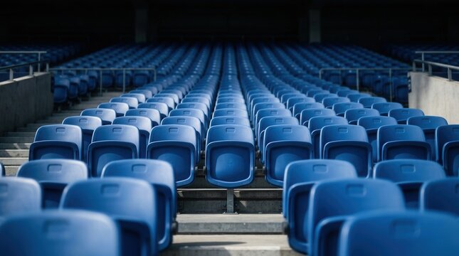 Symmetrical rows of empty blue seats in a sports stadium