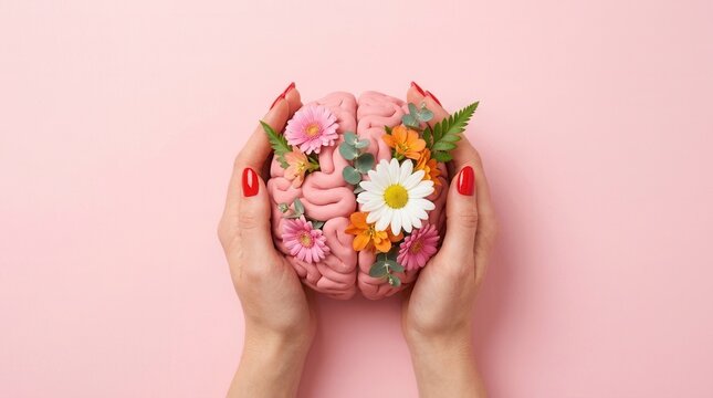 Mental health and self care concept with hands holding a human brain and colorful flowers for positive thinking.