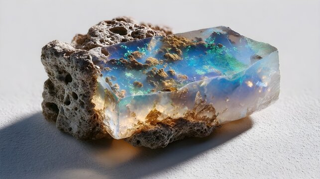 Rectangular opal crystal embedded in pumice-like rock on white