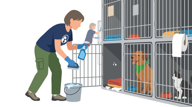 Volunteers Cleaning Animal Shelter Cages Vector Illustration