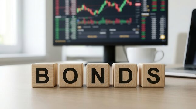 Investment strategy concept with wooden blocks spelling bonds and blurred stock market data in background