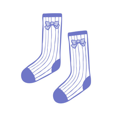 Hand-drawn line illustration with a pair of striped high socks with bows. Outline vector clip art of cozy seasonal hosiery isolated on a white background.