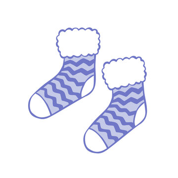 Hand-drawn vector line art illustration with pair of warm socks. Outline clip art of patterned winter hosiery. Cozy seasonal footgear.