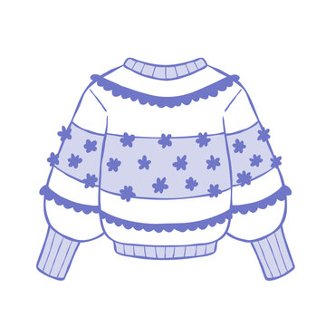 Hand-drawn vector line illustration of ugly Christmas sweater. Outline clip art of oversized jumper with abstract pattern. Design for winter fashion sticker, poster, web, or print.