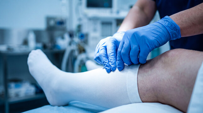 Healthcare worker adjusting compression stocking on patient leg in hospital clinic room