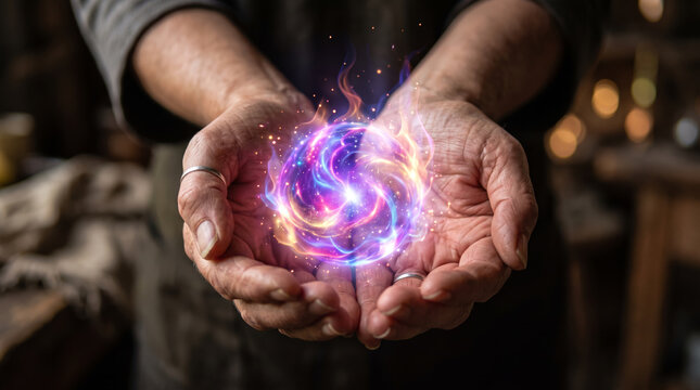 Close-up of cupped human hands holding a radiant orb of healing magical energy, glowing violet, blue, magenta, and golden-orange. Ethereal flame-like wisps, sparks of light. Healing concept.