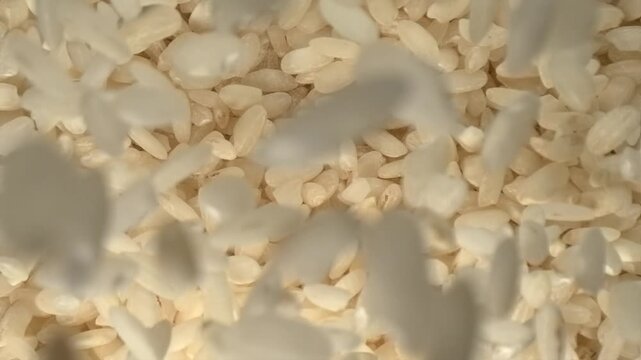 Rice grains falling in slow motion rustic texture top view