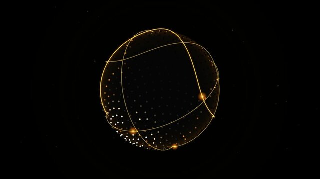Golden digital globe network animation, rotating abstract earth sphere with glowing data connection lines and particles for technology background