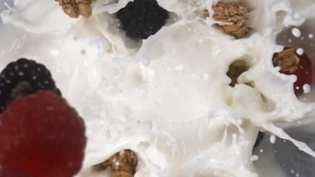 Granola with raspberry and blackberry falling into milk in slow motion
