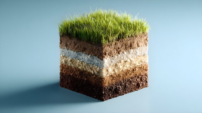 floating cube of soil layers with grass turf top isolated on blue background